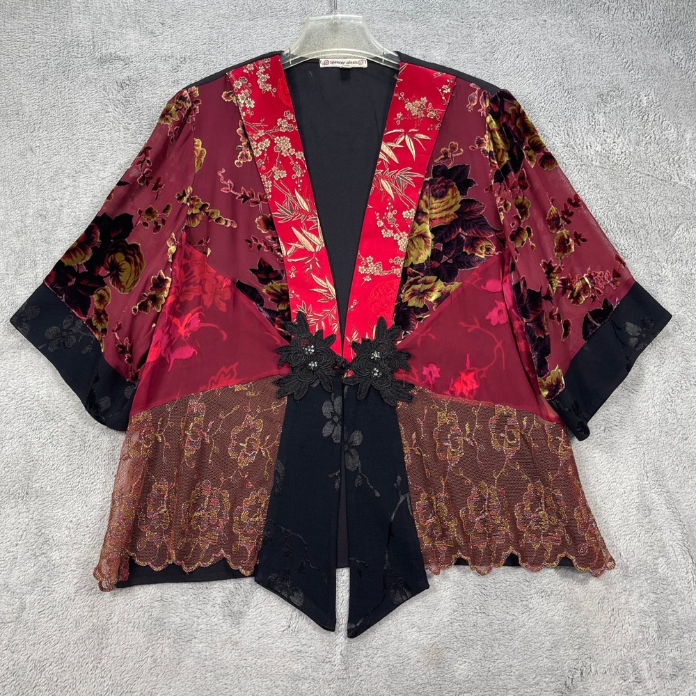 Spencer Alexis Kimono Jacket Womens Medium Red Black Floral Burnout Velvet Silk